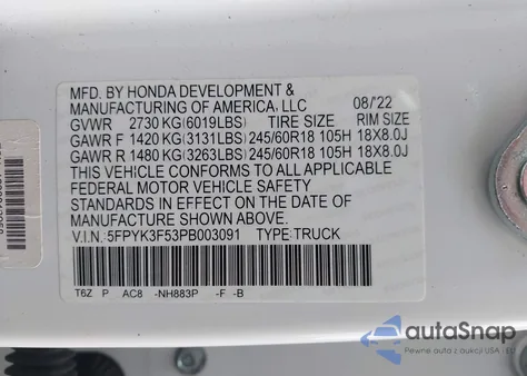 2023 Honda Ridgeline Rtl from USA, damaged, VIN 5FPYK3F53PB003091